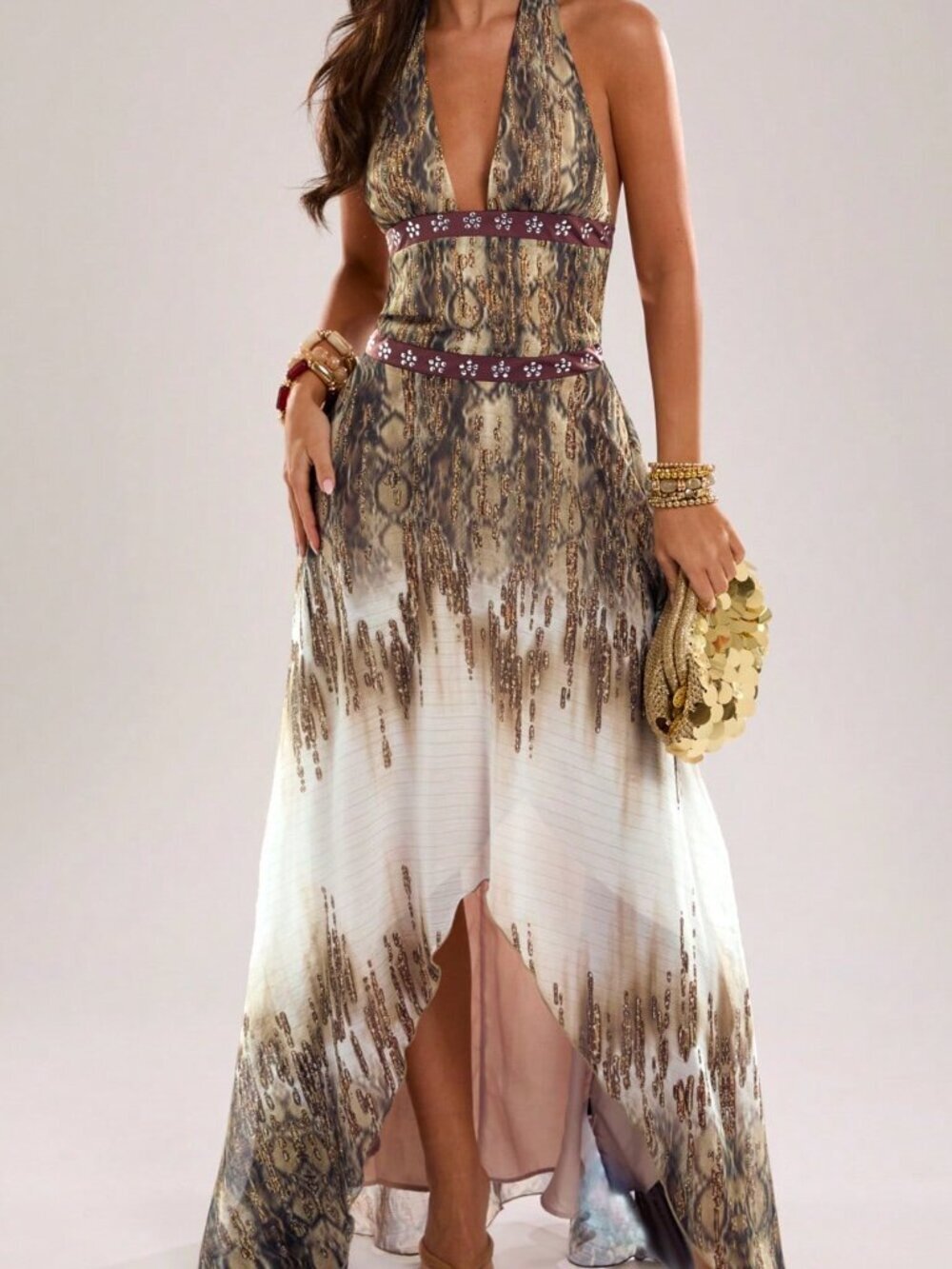 Brown Sexy Halter Neck Women's Gradient Shiny Leopard A-Line Dress
